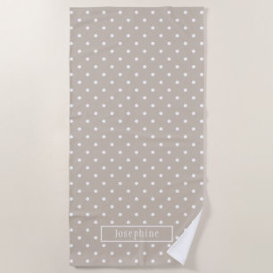 White On Beige Polka Dots Pattern With Custom Name Beach Towel