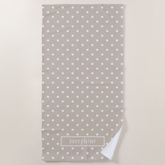 White On Beige Polka Dots Pattern With Custom Name Beach Towel