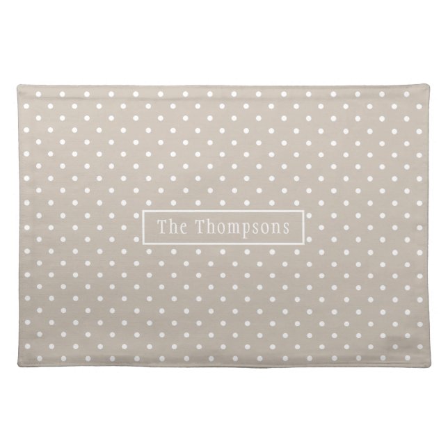 White On Beige Polka Dots Pattern With Custom Name Cloth Placemat (Front)