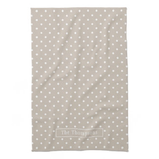 White On Beige Polka Dots Pattern With Custom Name Kitchen Towel