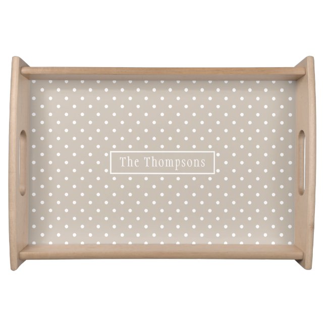 White On Beige Polka Dots Pattern With Custom Name Serving Tray (Front)