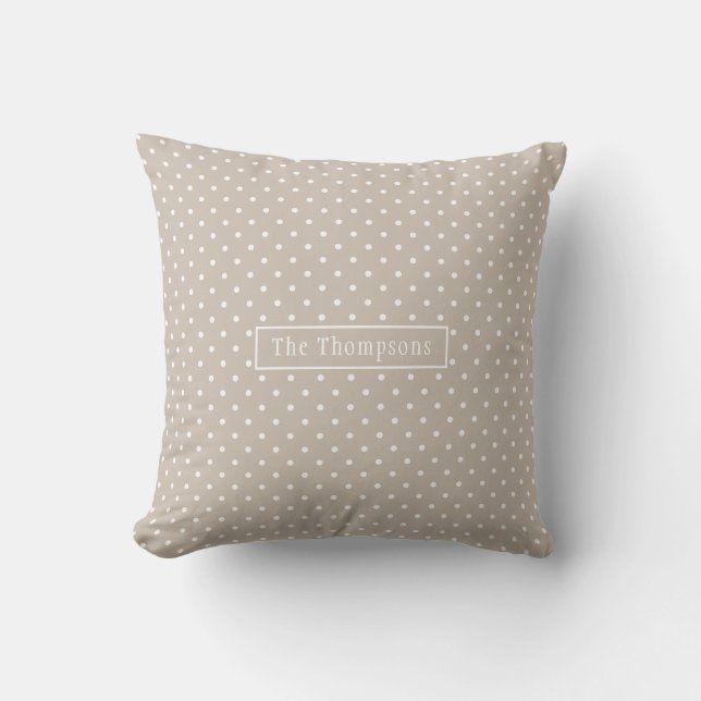 White On Beige Polka Dots Pattern With Custom Name Throw Pillow (Front)