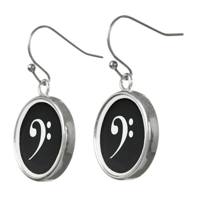 White on Black Bass Clef Music Earrings (Angled)