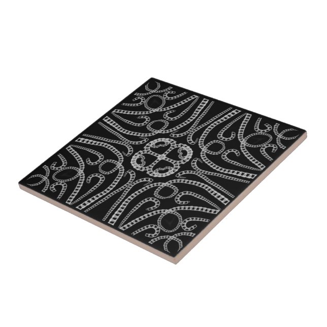 White On Black Chain Linked Repeating Pattern Art Ceramic Tile (Side)