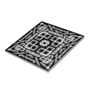 White On Black Chain Linked Repeating Pattern Art Ceramic Tile
