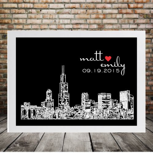 White on Black Chicago Skyline 85x11 Print