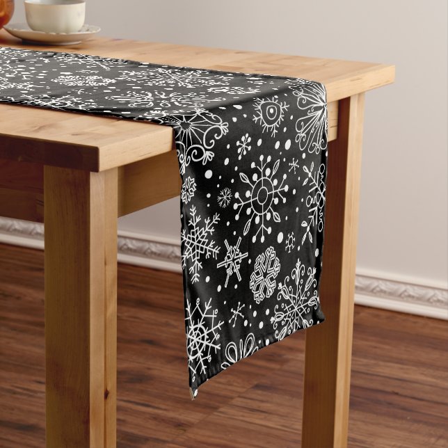 White On Black Christmas Snowflakes Medium Table Runner (In Situ)
