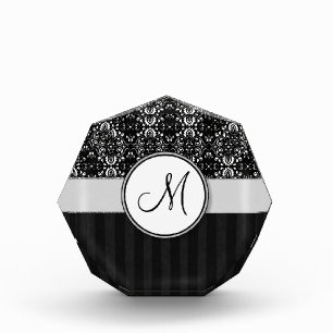 White on Black Damask and Stripes with Monogram Acrylic Award