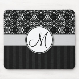 White on Black Damask and Stripes with Monogram Mouse Pad