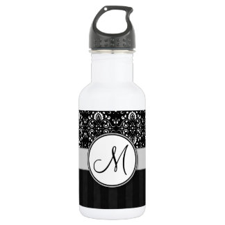 White on Black Damask and Stripes with Monogram Water Bottle