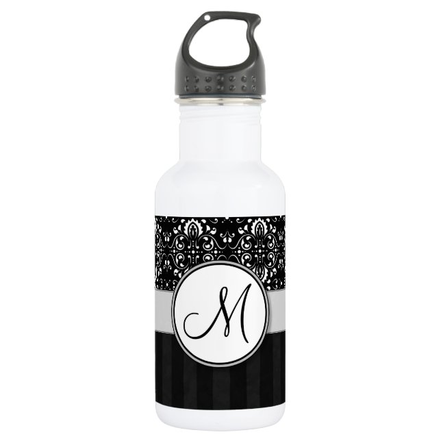 White on Black Damask and Stripes with Monogram Water Bottle (Front)