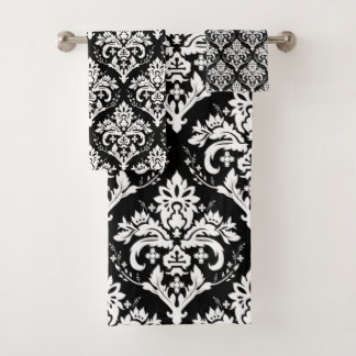 White on Black Damask Pattern Bath Towel Set
