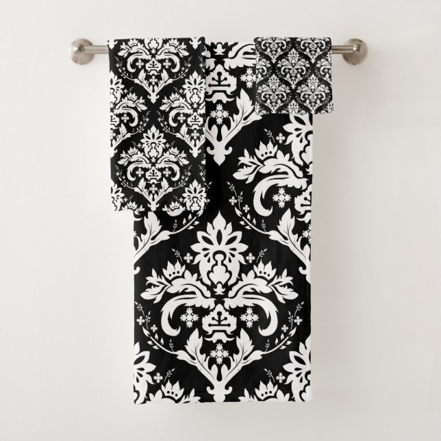 White on Black Damask Pattern Bath Towel Set (Insitu)