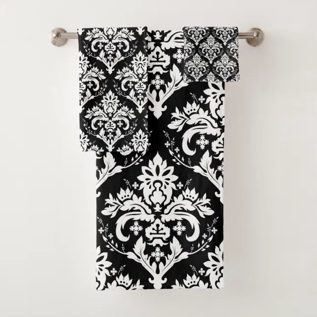 White on Black Damask Pattern Bath Towel Set Zazzle