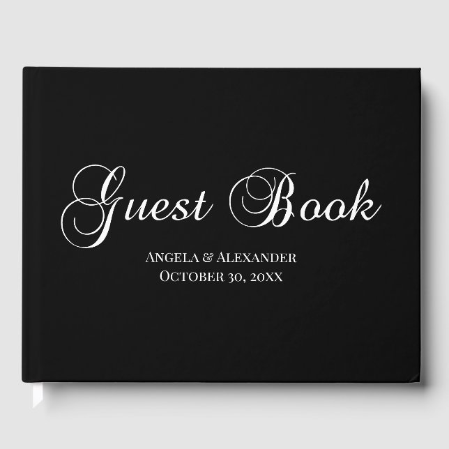 White on Black Decorative Script Personalized Guest Book (Front)