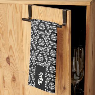 White on black dots geometric pattern kitchen towel