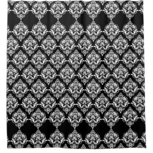 White On Black Floral Damasks Geometric Pattern Shower Curtain