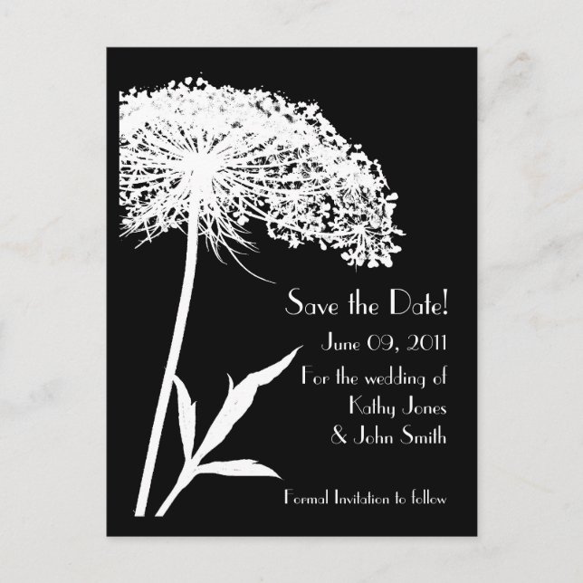 White on Black Floral Save the Date Postcard (Front)