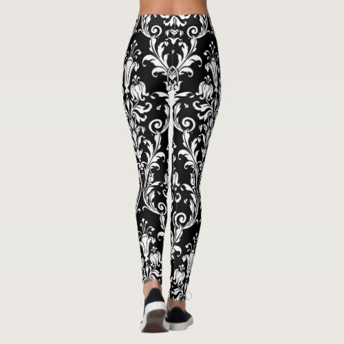 White On Black Floral Swirls Damask Leggings