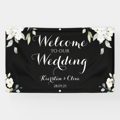 White On Black Floral Welcome To Our Wedding Banner