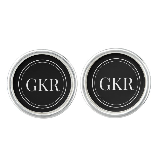 White on Black Framed Initials, SS Plated Cufflinks (Front)