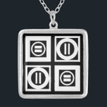 White on Black Geometric Equal Sign Pattern Silver Plated Necklace<br><div class="desc">Bold geometric pattern features four white squares with space between them on a black background. The diagonally opposed thick squares each contain a thin white circle with a thick equal sign inside. In contrast, the thin squares each contain a thick white circle that touches the square’s edges with a thin...</div>