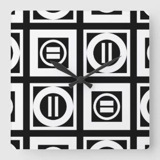 White on Black Geometric Equal Sign Pattern Square Wall Clock