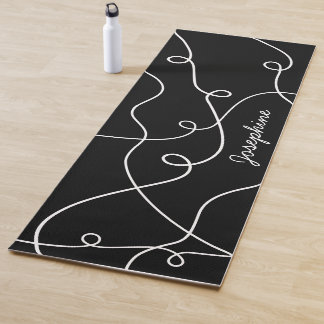 White On Black Geometric Loops Pattern And Name Yoga Mat