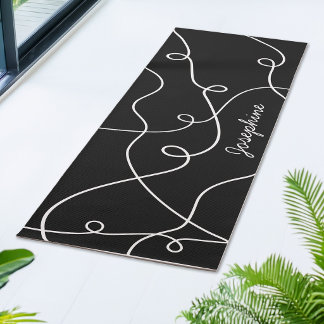 White On Black Geometric Loops Pattern And Name Yoga Mat