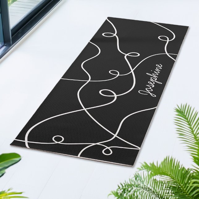 White On Black Geometric Loops Pattern And Name Yoga Mat (Creator Uploaded)