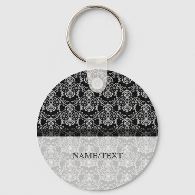 White On Black Geometric Pattern Swirls Keychain (Front)