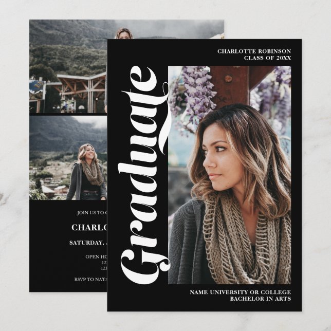 White on black graduate script photo graduation invitation (Front/Back)