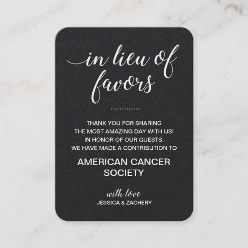 White on Black In Lieu Of Favors Charity Wedding Place Card