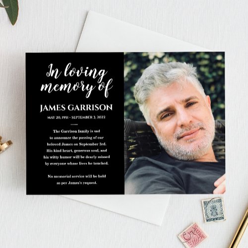 White On Black In Loving Memory Photo Announcement