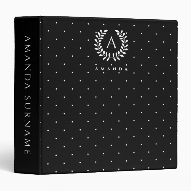 White On Black Laurel Monogram Polka Dot Pattern 3 Ring Binder (Front/Spine)