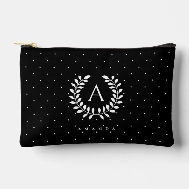 White On Black Laurel Monogram Polka Dot Pattern Accessory Pouch (Front)