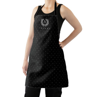 White On Black Laurel Monogram Polka Dot Pattern Apron