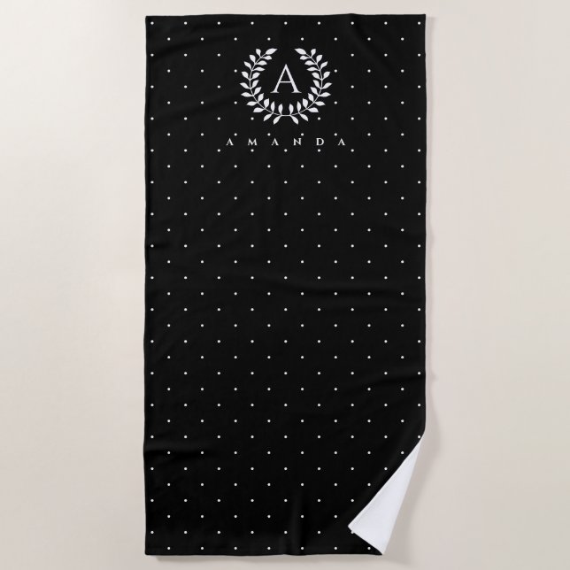 White On Black Laurel Monogram Polka Dot Pattern Beach Towel (Front)