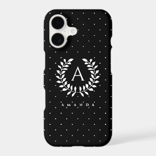 White On Black Laurel Monogram Polka Dot Pattern iPhone 17 Case