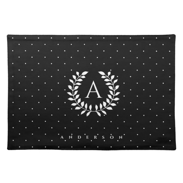 White On Black Laurel Monogram Polka Dot Pattern Cloth Placemat (Front)