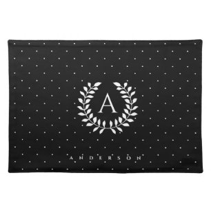 White On Black Laurel Monogram Polka Dot Pattern Cloth Placemat