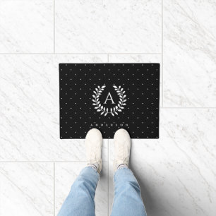 White On Black Laurel Monogram Polka Dot Pattern Doormat