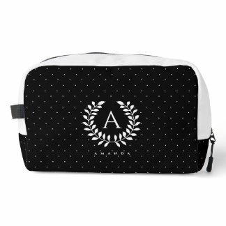 White On Black Laurel Monogram Polka Dot Pattern Dopp Kit
