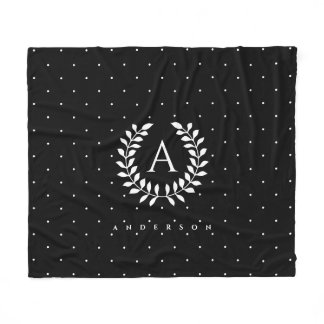 White On Black Laurel Monogram Polka Dot Pattern Fleece Blanket