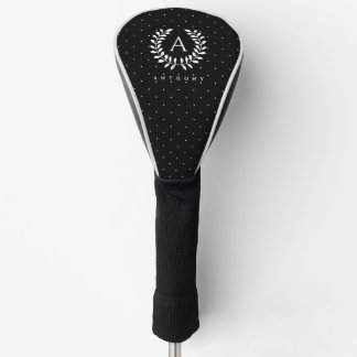 White On Black Laurel Monogram Polka Dot Pattern Golf Head Cover