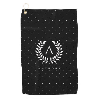 White On Black Laurel Monogram Polka Dot Pattern Golf Towel