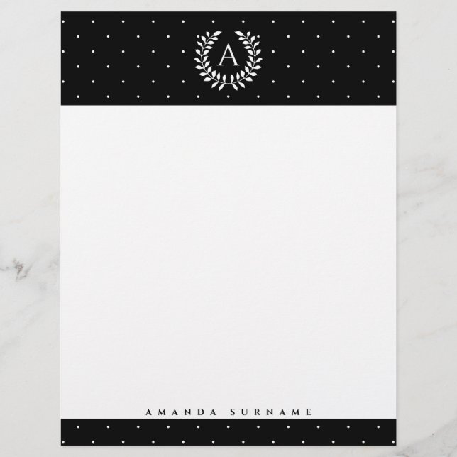 White On Black Laurel Monogram Polka Dot Pattern Letterhead (Front)