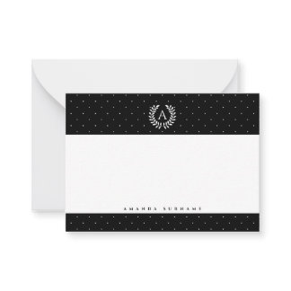 White On Black Laurel Monogram Polka Dot Pattern Note Card
