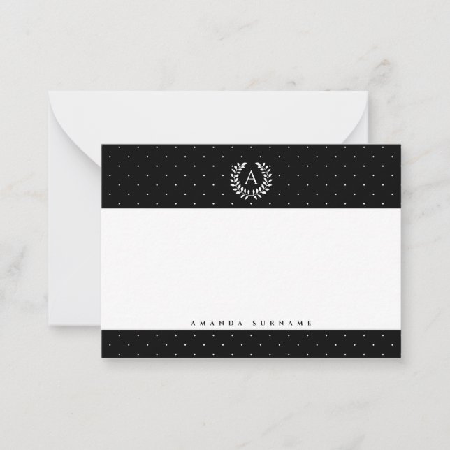 White On Black Laurel Monogram Polka Dot Pattern Note Card (Front)
