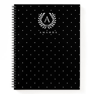 White On Black Laurel Monogram Polka Dot Pattern Notebook